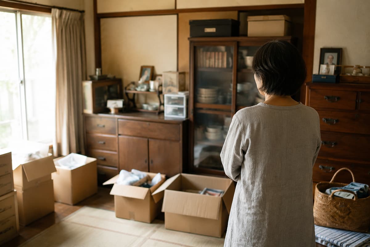 遺品整理で残された家具やダンボールを見つめる女性の後ろ姿