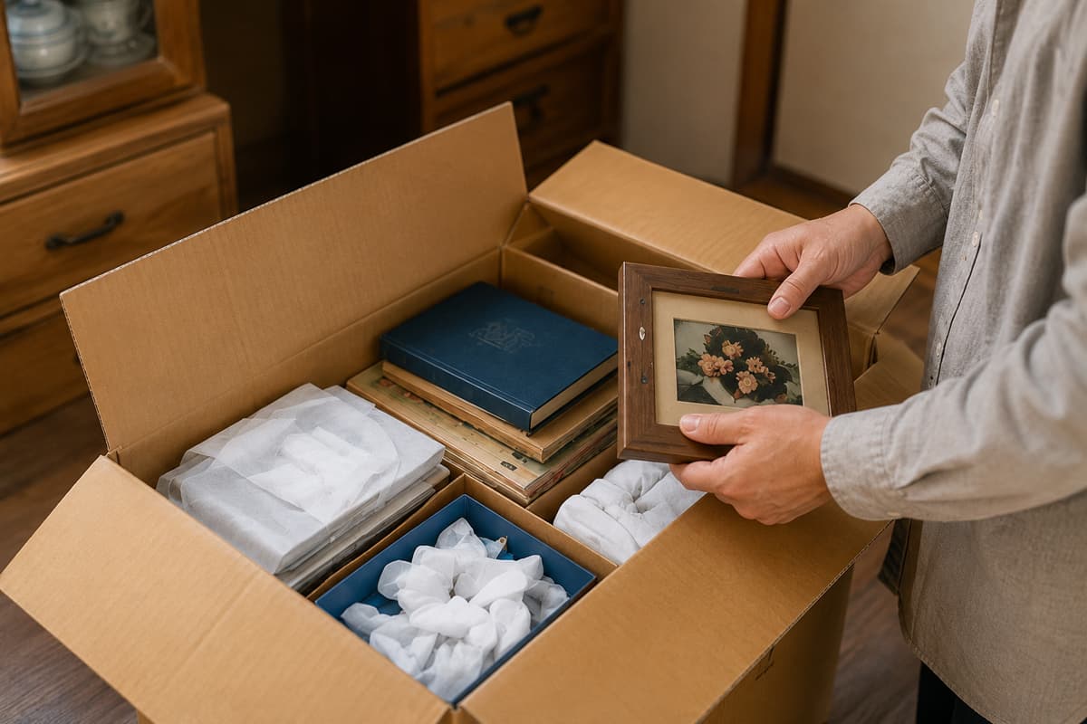思い出の品をダンボールに詰める遺品整理の様子