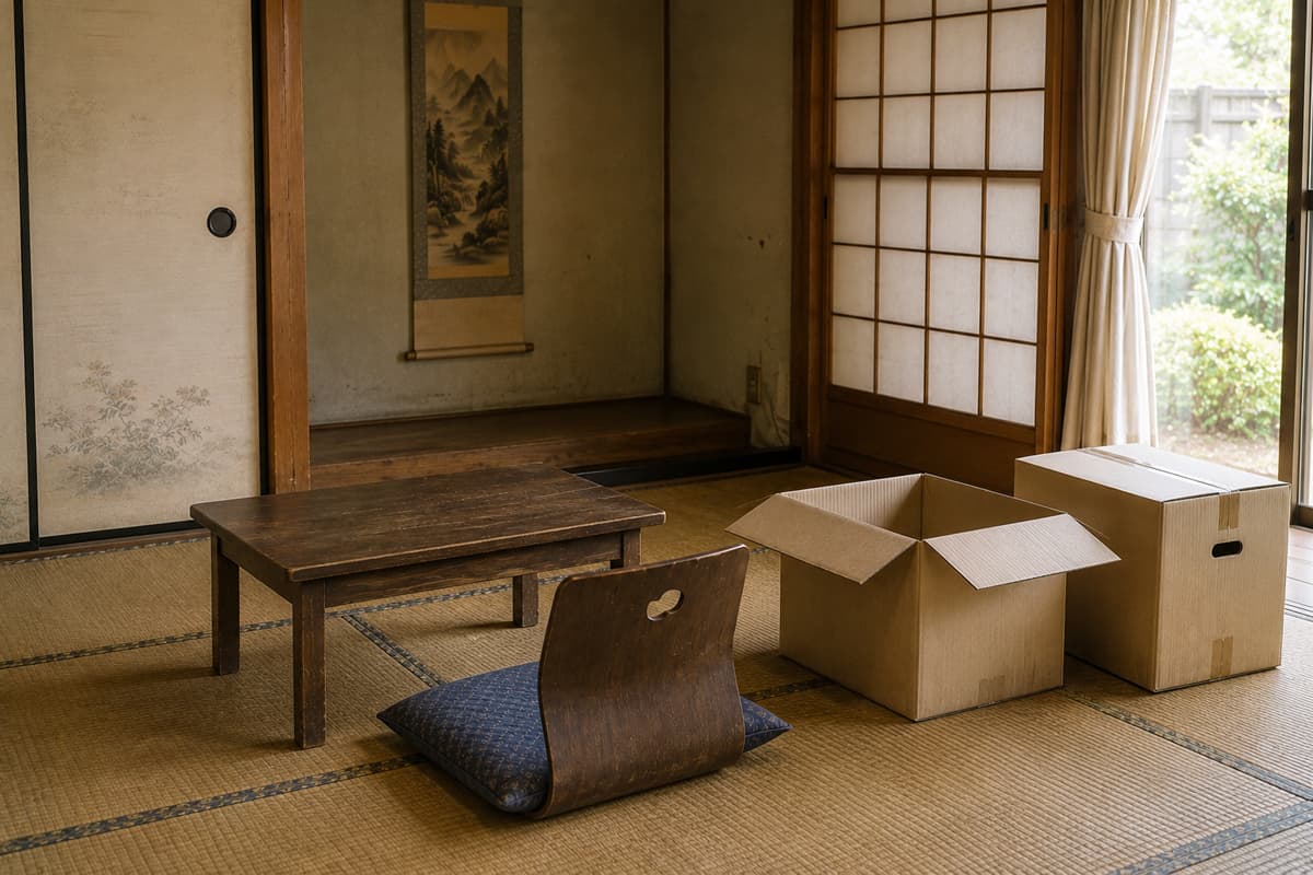 片付け後に家具が少なくなった和室と残されたダンボール
