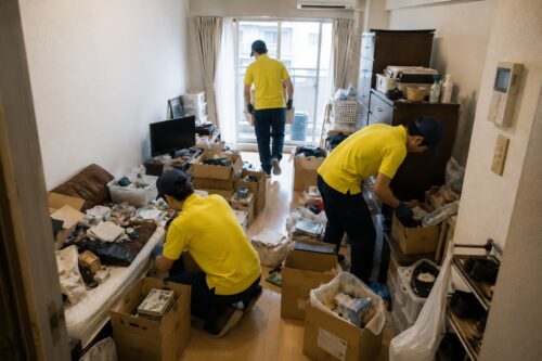 引越し当日の片付け作業で、1Rの部屋をスタッフが分別・梱包している様子