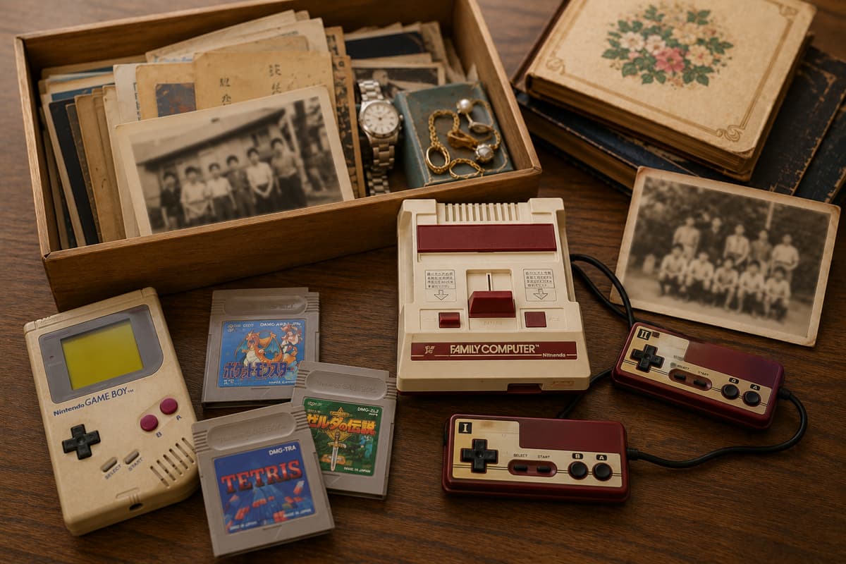 実家の片付けで見つかった古い写真、貴金属、ゲーム機などの品々