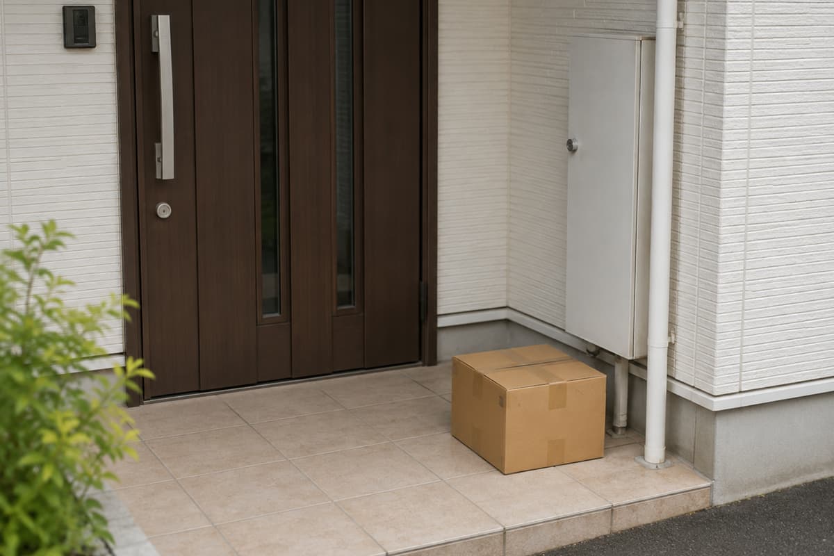 自宅の玄関前に置き配された通販の段ボール箱