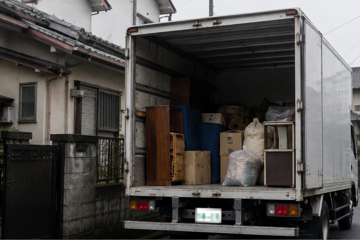 家庭から出た家具や袋、段ボールなどの不用品を積み込んだトラック