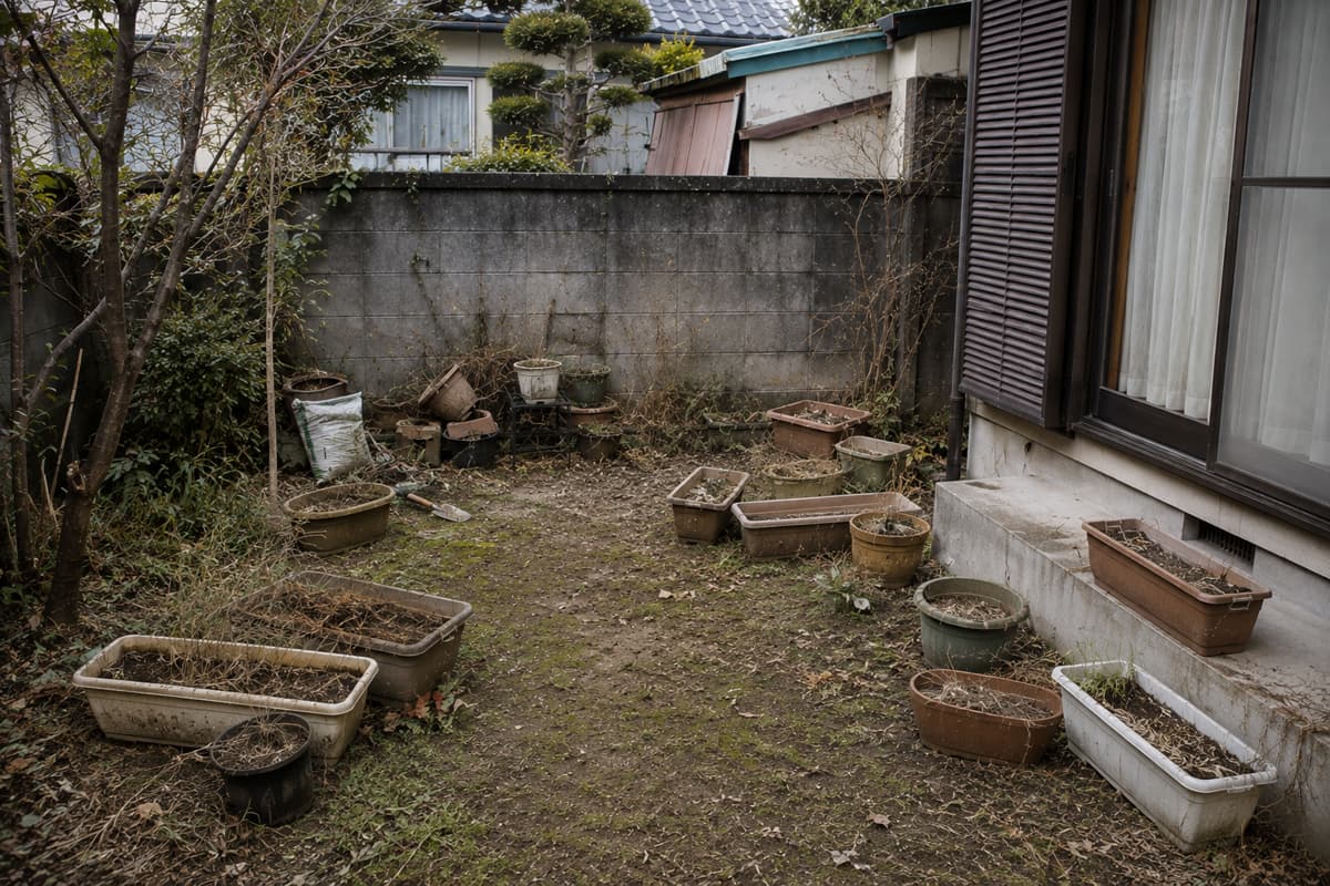 古い一軒家の庭に残された、土や枯れた植物が入った多数のプランター