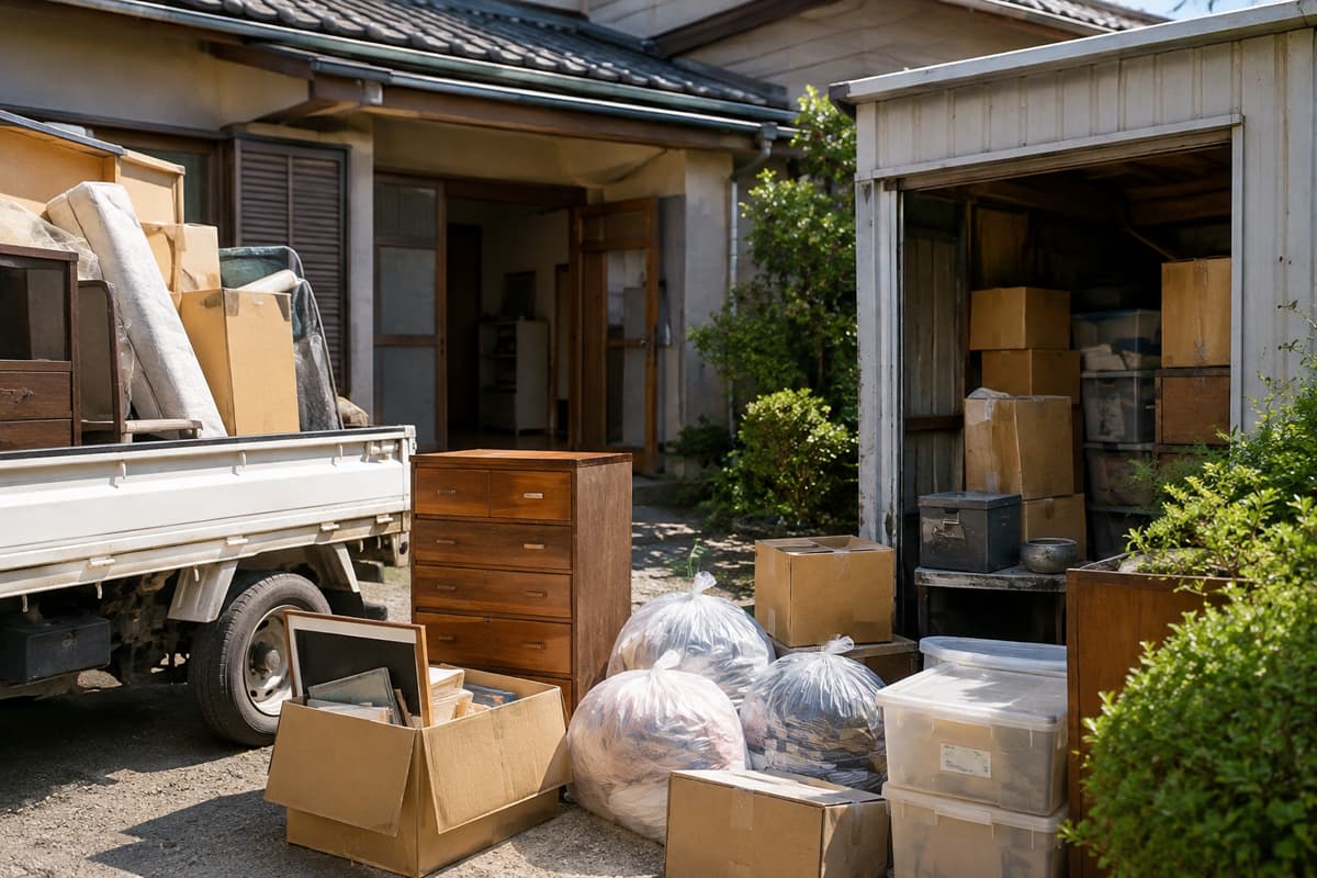 平屋の住宅と倉庫から運び出した家具や不用品をトラックへ積み込む片付け作業の様子