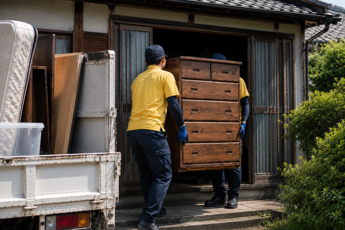 作業スタッフ2名が平屋の住宅から木製タンスを運び出している不用品処分の様子