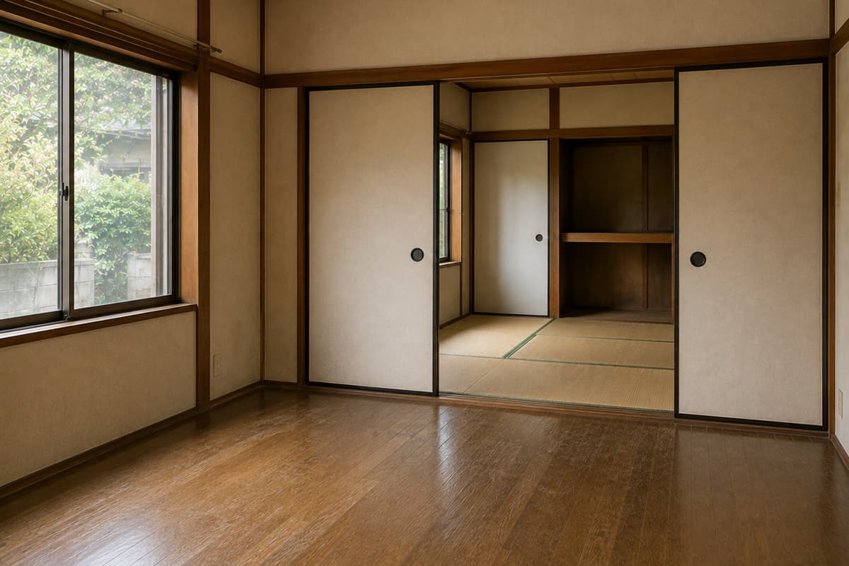 不用品の片付け後、すっきりと空になった和室とフローリングの部屋