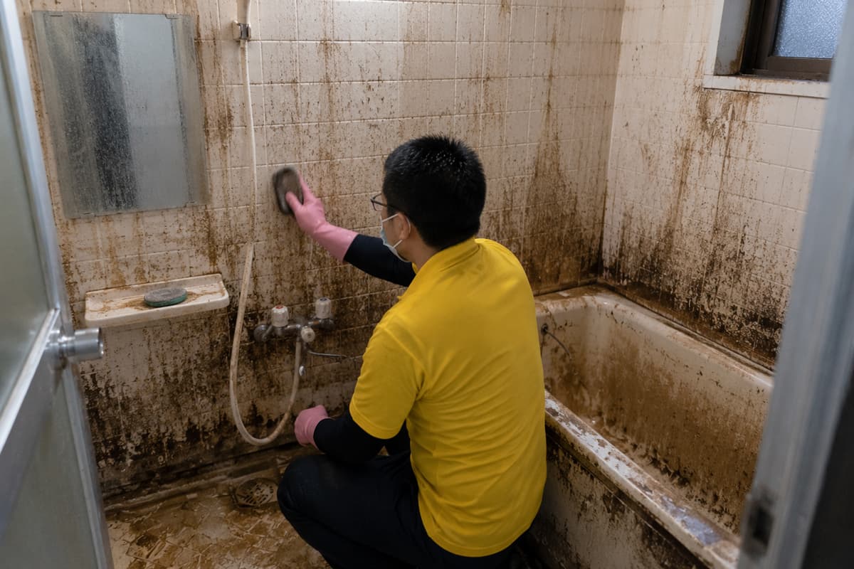 壁一面にカビや汚れが広がった浴室を清掃するスタッフ