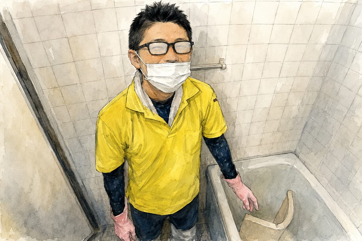 浴室で清掃作業を行いメガネが曇ったスタッフの様子