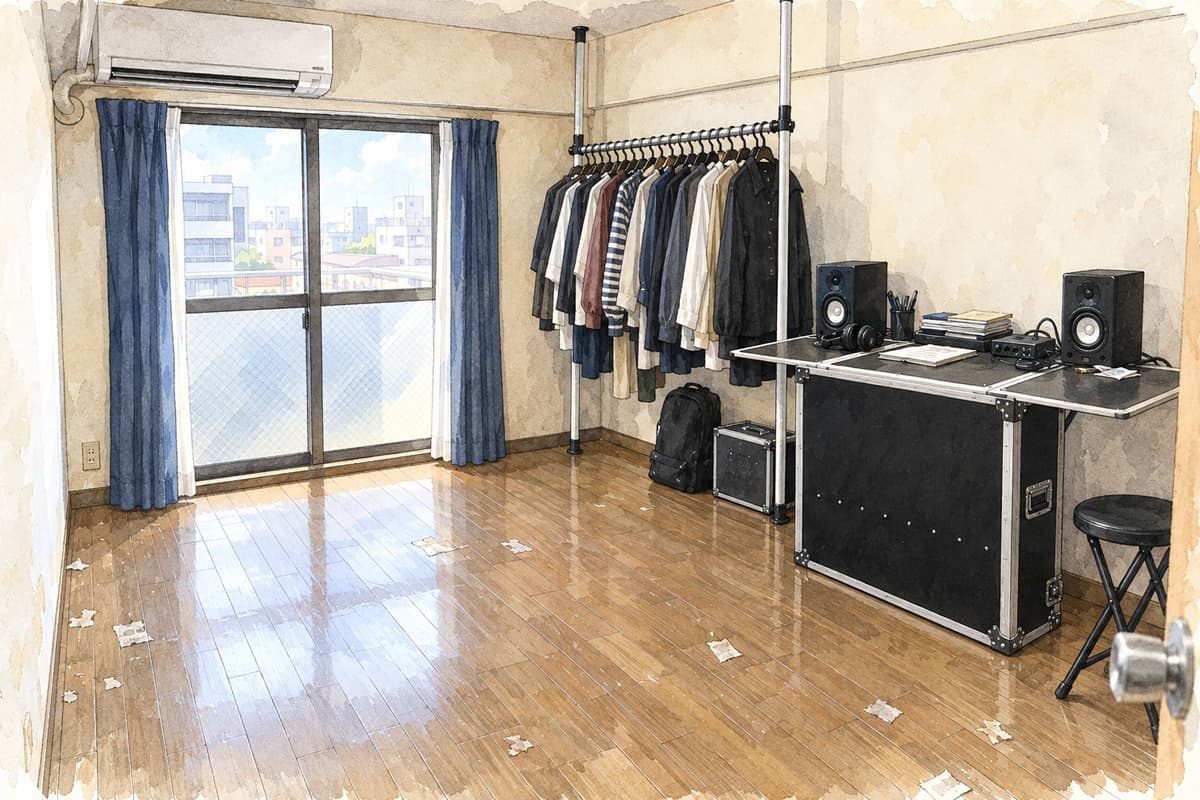 片付けと清掃を終え、必要な衣類と音響機材を残したワンルーム