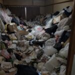 大量の衣類やごみ袋、段ボール、空き缶などで床一面が埋め尽くされた和室の片付け前の様子