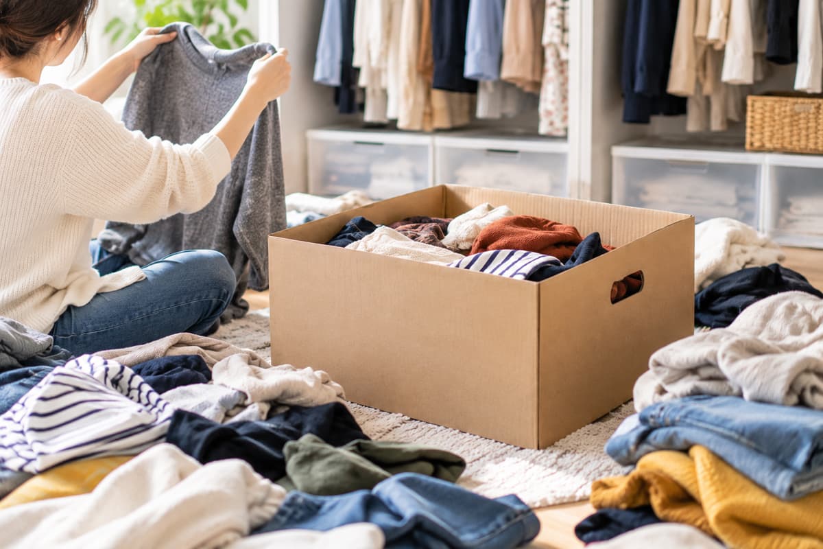 クローゼットから出した衣類を広げ、灰色の服を一枚ずつ確認しながら仕分ける女性
