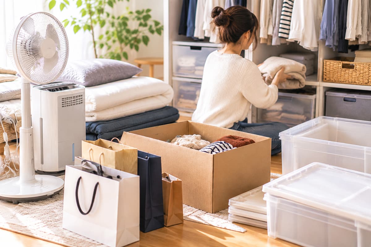 衣類をたたんでクローゼットに収納する女性と、周囲に並ぶ収納ケース、紙袋、寝具、扇風機