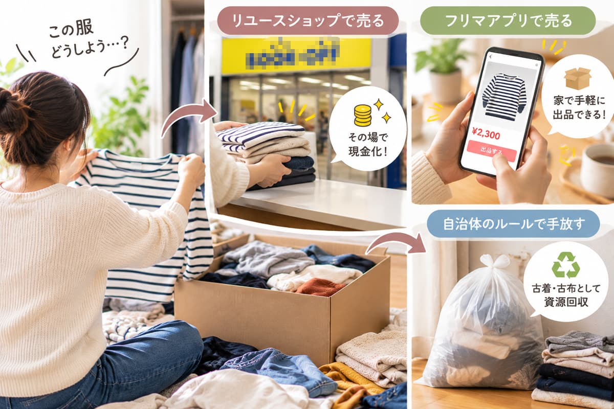 不要な衣類を手放す3つの方法。リユースショップで売る、フリマアプリで出品する、自治体のルールに従って古着・古布の資源回収に出す