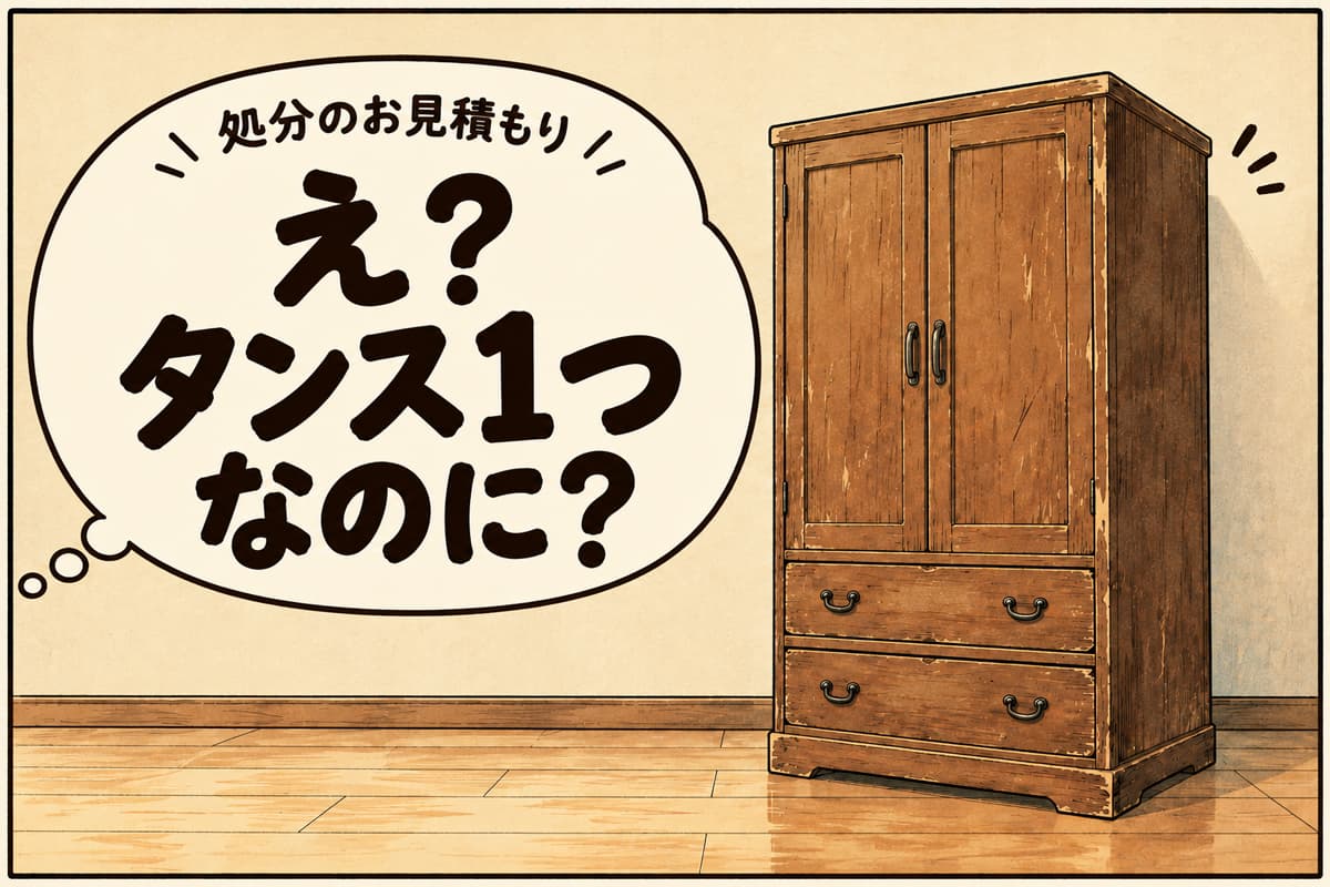 木製タンスと、「処分のお見積もり え？タンス1つなのに？」という文字が描かれたイラスト。