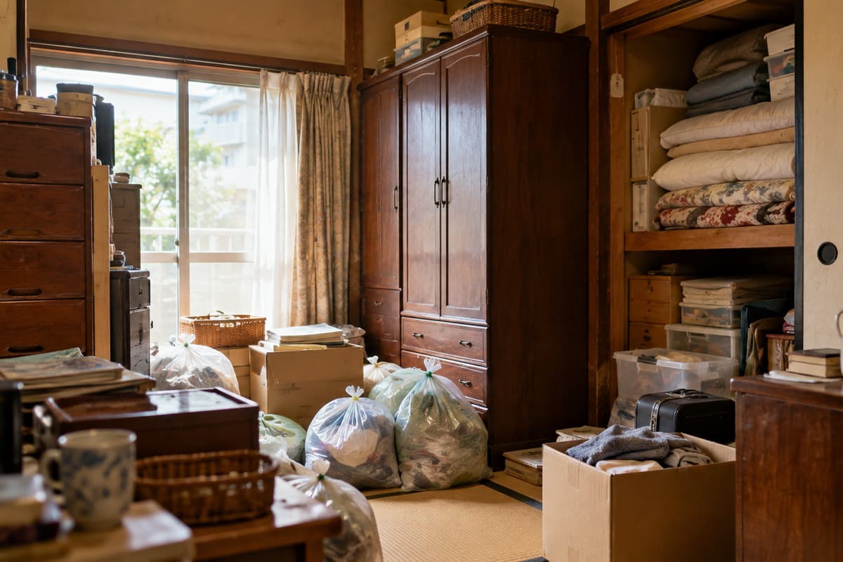 遺品整理前の家具や荷物が残る和室